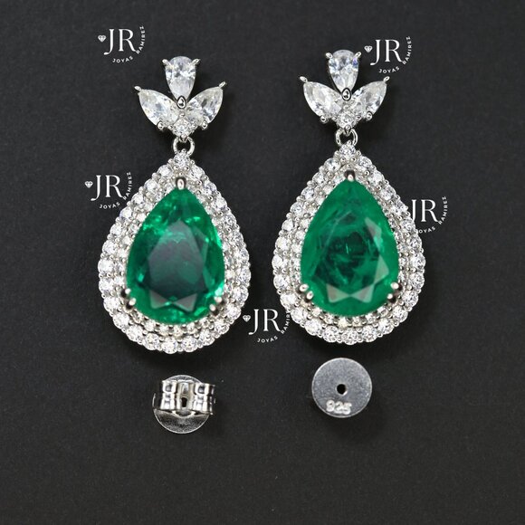 .925 Sterling Silver Teardrop Earrings with Emerald-Tone CZ and Clear CZ Halo. - Picture 2 of 6